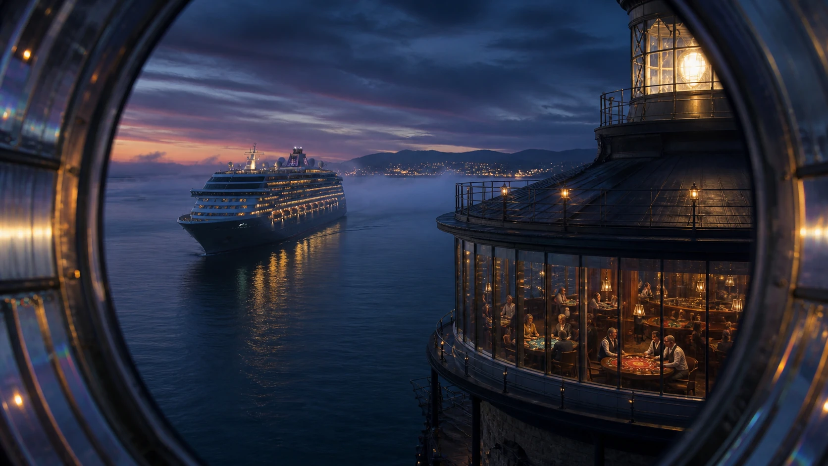 Fictional Grand Gaming Journeys liner approaching a twilight lighthouse observatory